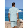 image:imageCOOFANDY Mens 2 Pieces Linen Set Casual Henley Shirts Short Sleeve Beach Yoga Shorts Summer Pants OutfitsLight Blue