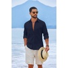 image:imageCOOFANDY Mens Casual Button Down Shirts Long Sleeve Cotton Beach Wedding Shirt Summer Linen Shirt for MenNavy Blue