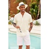 image:imageCOOFANDY Mens Casual Henley Shirt Short Sleeve Summer Shirts Linen Band Collar Summer Beach Hippie TShirtsBeige
