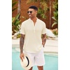 image:imageCOOFANDY Mens Casual Henley Shirt Short Sleeve Summer Shirts Linen Band Collar Summer Beach Hippie TShirtsBeige