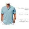 image:imageCOOFANDY Mens Casual Henley Shirt Short Sleeve Summer Shirts Linen Band Collar Summer Beach Hippie TShirtsLight Ice Blue