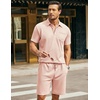 image:imageCOOFANDY Mens Waffle Knit Polo Shirt and Shorts Set 2 Pieces Outfits Summer Suit Casual Tracksuit with PocketsLight Pink