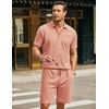 image:imageCOOFANDY Mens Waffle Knit Polo Shirt and Shorts Set 2 Pieces Outfits Summer Suit Casual Tracksuit with PocketsPink