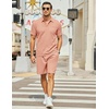 image:imageCOOFANDY Mens Waffle Knit Polo Shirt and Shorts Set 2 Pieces Outfits Summer Suit Casual Tracksuit with PocketsPink