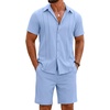 image:imageCOOFANDY Mens 2 Piece Outfits Cuban Guayabera Short Sleeve Shirts and Shorts Summer Beach Vacation Sets for MenLight Blue