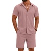image:imageCOOFANDY Mens 2 Piece Outfits Cuban Guayabera Short Sleeve Shirts and Shorts Summer Beach Vacation Sets for MenPink