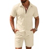 image:imageCOOFANDY Mens 2 Pieces Cotton Linen Set Short Sleeve Button Down Shirts Summer Beach Shorts Casual OutfitsBeige