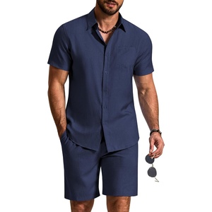image:imageCOOFANDY 2 Piece Set for Men Cruise Outfits Set Mens Summer Vacation Outfit Short Sleeve Button Down ShirtsNavy Blue