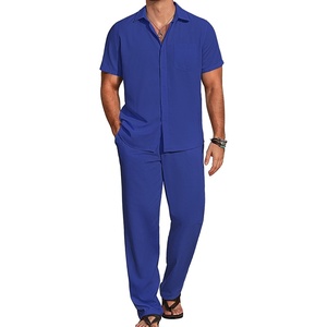 image:imageCOOFANDY Mens 2 Piece Casual Beach Outfits Short Sleeve Button Down Shirts Summer Loose Pant Sets Vacation Walking OutfitsDark Blue