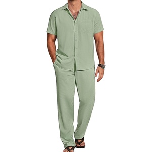 image:imageCOOFANDY Mens 2 Piece Casual Beach Outfits Short Sleeve Button Down Shirts Summer Loose Pant Sets Vacation Walking OutfitsLight Green