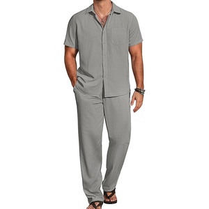 image:imageCOOFANDY Mens 2 Piece Casual Beach Outfits Short Sleeve Button Down Shirts Summer Loose Pant Sets Vacation Walking OutfitsLight Grey