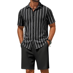 image:imageCOOFANDY Mens 2 Piece Outfit Casual Short Sleeve Button Down Shirt and Beach Shorts Set Summer Vacation Outfits for MenBlack Stripe