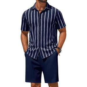 image:imageCOOFANDY Mens 2 Piece Outfit Casual Short Sleeve Button Down Shirt and Beach Shorts Set Summer Vacation Outfits for MenDark Blue Stripe