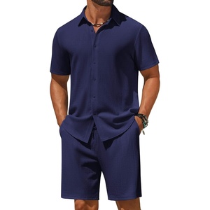 image:imageCOOFANDY Mens 2 Piece Outfit Casual Short Sleeve Button Down Shirt and Beach Shorts Set Summer Vacation Outfits for MenNavy Blue