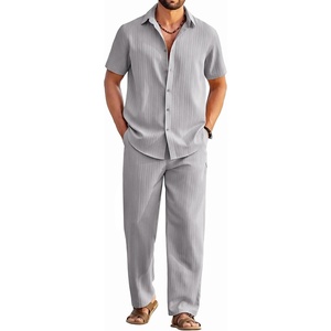 image:imageCOOFANDY Mens 2 Piece Outfits Casual Summer Beach Textured Button Down Shirt Loose Pants SetLight Grey