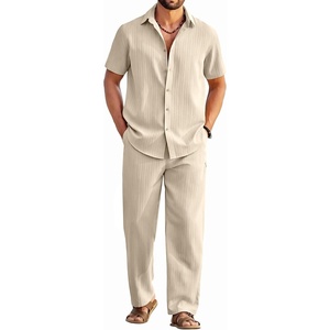 image:imageCOOFANDY Mens 2 Piece Outfits Casual Summer Beach Textured Button Down Shirt Loose Pants SetLight Khaki