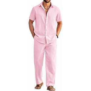 image:imageCOOFANDY Mens 2 Piece Outfits Casual Summer Beach Textured Button Down Shirt Loose Pants SetLight Pink