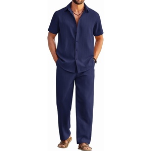 image:imageCOOFANDY Mens 2 Piece Outfits Casual Summer Beach Textured Button Down Shirt Loose Pants SetNavy Blue
