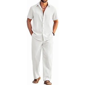 image:imageCOOFANDY Mens 2 Piece Outfits Casual Summer Beach Textured Button Down Shirt Loose Pants SetWhite