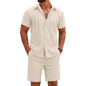 image:imageCOOFANDY Mens 2 Piece Outfits Cuban Guayabera Short Sleeve Shirts and Shorts Summer Beach Vacation Sets for MenBeige