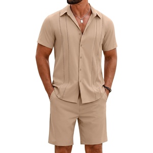 image:imageCOOFANDY Mens 2 Piece Outfits Cuban Guayabera Short Sleeve Shirts and Shorts Summer Beach Vacation Sets for MenKhaki