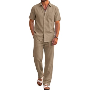 image:imageCOOFANDY Mens 2 Piece Sets Beach Outfits Cotton Short Sleeve Button Down Shirts Loose Pants Summer Vacation Casual OutfitsKhaki