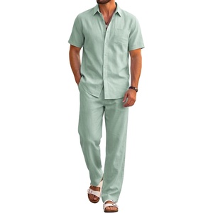 image:imageCOOFANDY Mens 2 Piece Sets Beach Outfits Cotton Short Sleeve Button Down Shirts Loose Pants Summer Vacation Casual OutfitsLight Green