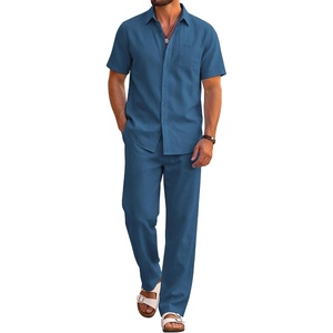 image:imageCOOFANDY Mens 2 Piece Sets Beach Outfits Cotton Short Sleeve Button Down Shirts Loose Pants Summer Vacation Casual OutfitsNavy