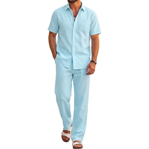 image:imageCOOFANDY Mens 2 Piece Sets Beach Outfits Cotton Short Sleeve Button Down Shirts Loose Pants Summer Vacation Casual OutfitsSky Blue
