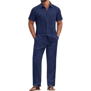 image:imageCOOFANDY Mens 2 Piece Sets Summer Outfits Short Sleeve Button Down Shirt Loose Pant Sets Beach Vacation OutfitsNavy Blue