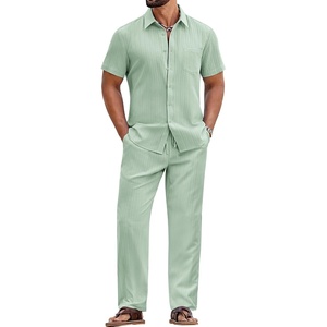 image:imageCOOFANDY Mens 2 Piece Sets Summer Outfits Short Sleeve Button Down Shirt Loose Pant Sets Beach Vacation OutfitsSage Green