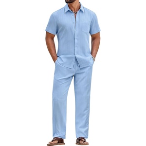image:imageCOOFANDY Mens 2 Piece Sets Summer Outfits Short Sleeve Button Down Shirt Loose Pant Sets Beach Vacation OutfitsSky Blue