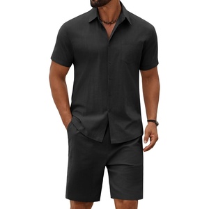 image:imageCOOFANDY Mens 2 Piece Summer Outfit Short Sleeve Casual Beach Button Down Shirts and Shorts Vacation Cotton SetsBlack