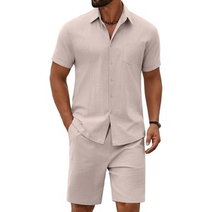 image:imageCOOFANDY Mens 2 Piece Summer Outfit Short Sleeve Casual Beach Button Down Shirts and Shorts Vacation Cotton SetsChampagne Beige