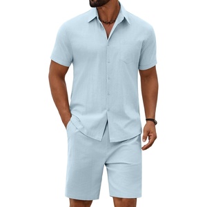 image:imageCOOFANDY Mens 2 Piece Summer Outfit Short Sleeve Casual Beach Button Down Shirts and Shorts Vacation Cotton SetsLight Blue
