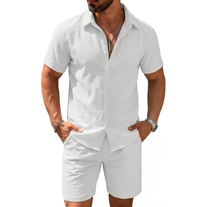 image:imageCOOFANDY Mens 2 Pieces Cotton Linen Set Short Sleeve Button Down Shirts Summer Beach Shorts Casual OutfitsA Pure White