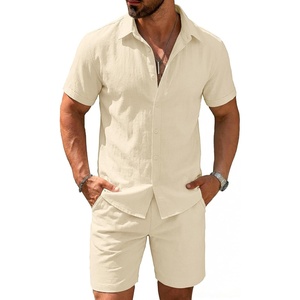 image:imageCOOFANDY Mens 2 Pieces Cotton Linen Set Short Sleeve Button Down Shirts Summer Beach Shorts Casual OutfitsBeige