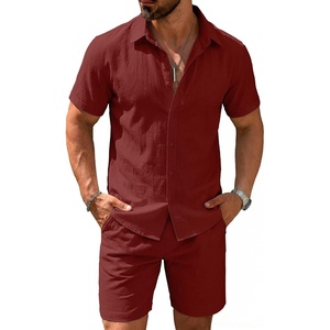image:imageCOOFANDY Mens 2 Pieces Cotton Linen Set Short Sleeve Button Down Shirts Summer Beach Shorts Casual OutfitsCrimson
