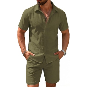 image:imageCOOFANDY Mens 2 Pieces Cotton Linen Set Short Sleeve Button Down Shirts Summer Beach Shorts Casual OutfitsGreen