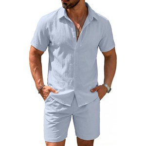 image:imageCOOFANDY Mens 2 Pieces Cotton Linen Set Short Sleeve Button Down Shirts Summer Beach Shorts Casual OutfitsLight Blue