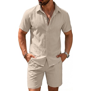 image:imageCOOFANDY Mens 2 Pieces Cotton Linen Set Short Sleeve Button Down Shirts Summer Beach Shorts Casual OutfitsMoon Gray