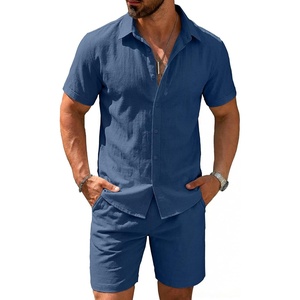 image:imageCOOFANDY Mens 2 Pieces Cotton Linen Set Short Sleeve Button Down Shirts Summer Beach Shorts Casual OutfitsNavy Blue