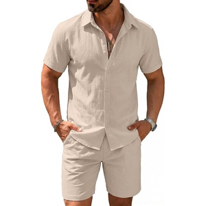 image:imageCOOFANDY Mens 2 Pieces Cotton Linen Set Short Sleeve Button Down Shirts Summer Beach Shorts Casual OutfitsShallow Coffee