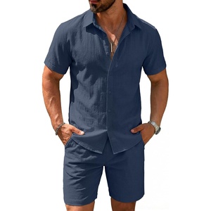 image:imageCOOFANDY Mens 2 Pieces Cotton Linen Set Short Sleeve Button Down Shirts Summer Beach Shorts Casual OutfitsViolets