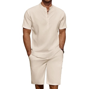 image:imageCOOFANDY Mens 2 Pieces Linen Set Casual Henley Shirts Short Sleeve Beach Yoga Shorts Summer Pants OutfitsBeige