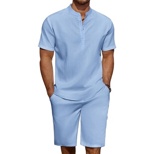 image:imageCOOFANDY Mens 2 Pieces Linen Set Casual Henley Shirts Short Sleeve Beach Yoga Shorts Summer Pants OutfitsBlue