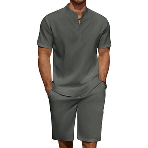 image:imageCOOFANDY Mens 2 Pieces Linen Set Casual Henley Shirts Short Sleeve Beach Yoga Shorts Summer Pants OutfitsDark Grey