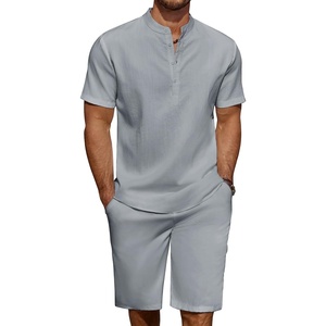 image:imageCOOFANDY Mens 2 Pieces Linen Set Casual Henley Shirts Short Sleeve Beach Yoga Shorts Summer Pants OutfitsGrey