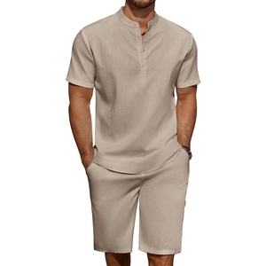 image:imageCOOFANDY Mens 2 Pieces Linen Set Casual Henley Shirts Short Sleeve Beach Yoga Shorts Summer Pants OutfitsKhaki