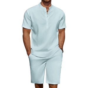 image:imageCOOFANDY Mens 2 Pieces Linen Set Casual Henley Shirts Short Sleeve Beach Yoga Shorts Summer Pants OutfitsLight Blue
